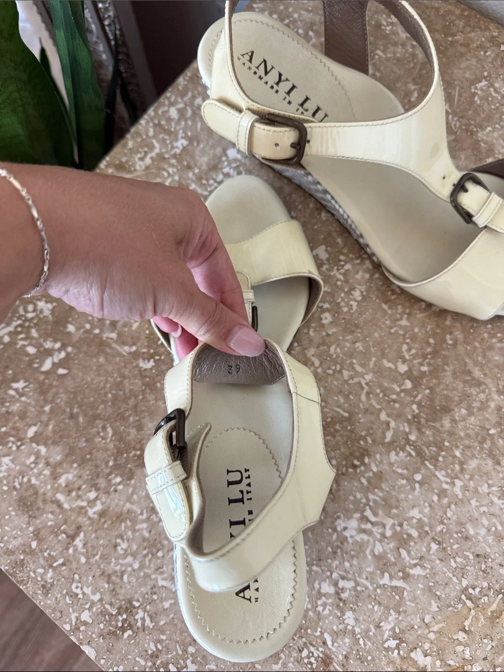 Anyi Lu Cream Patent Leather Buckle Slingback Heels Made in Italy